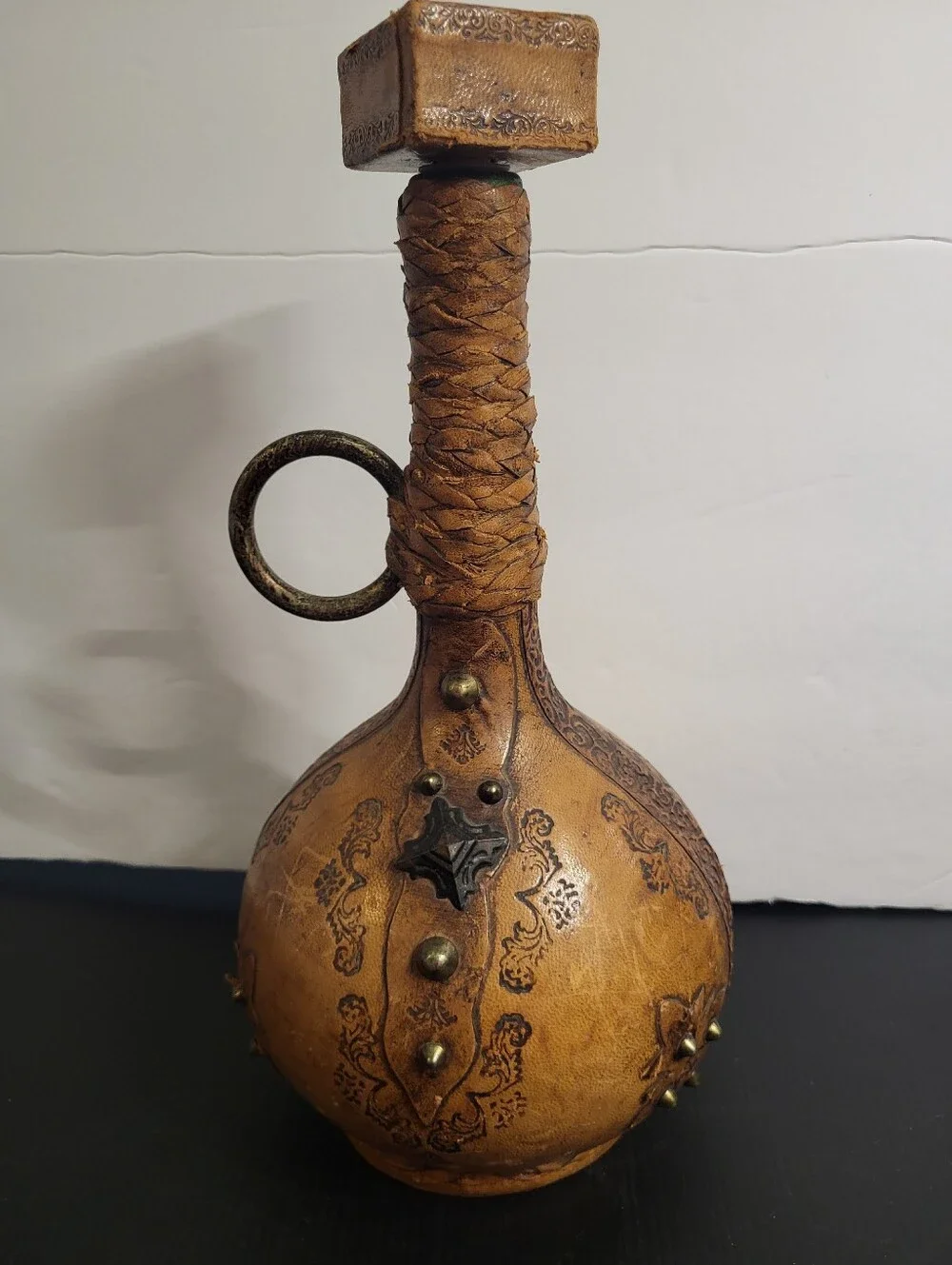 Vintage Rustic Brown Decorative Leather Italuan Bottle #1616-1325